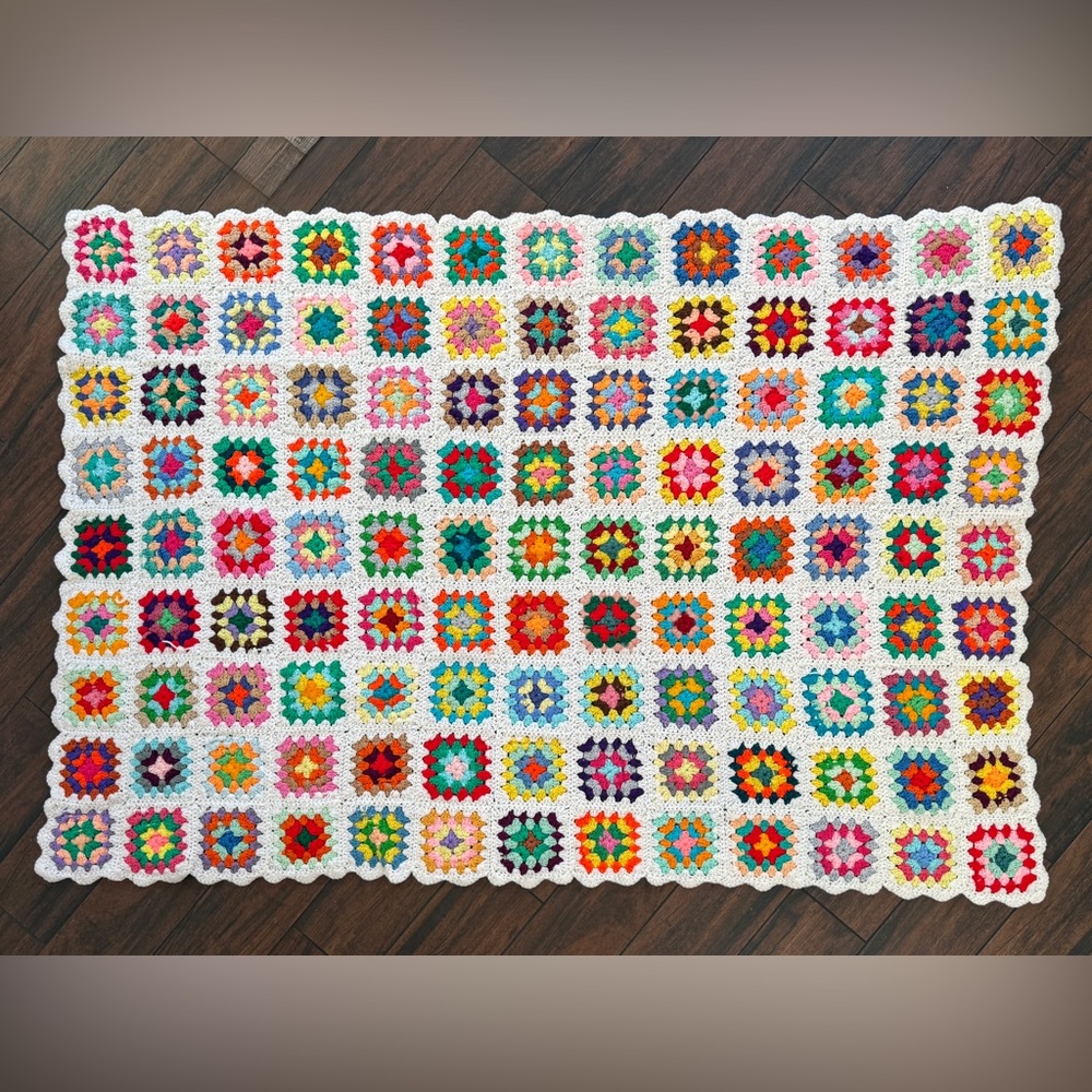 Vintage 100% Wool Grandma's Afghan Throw multi color 1970's 44" x 66”